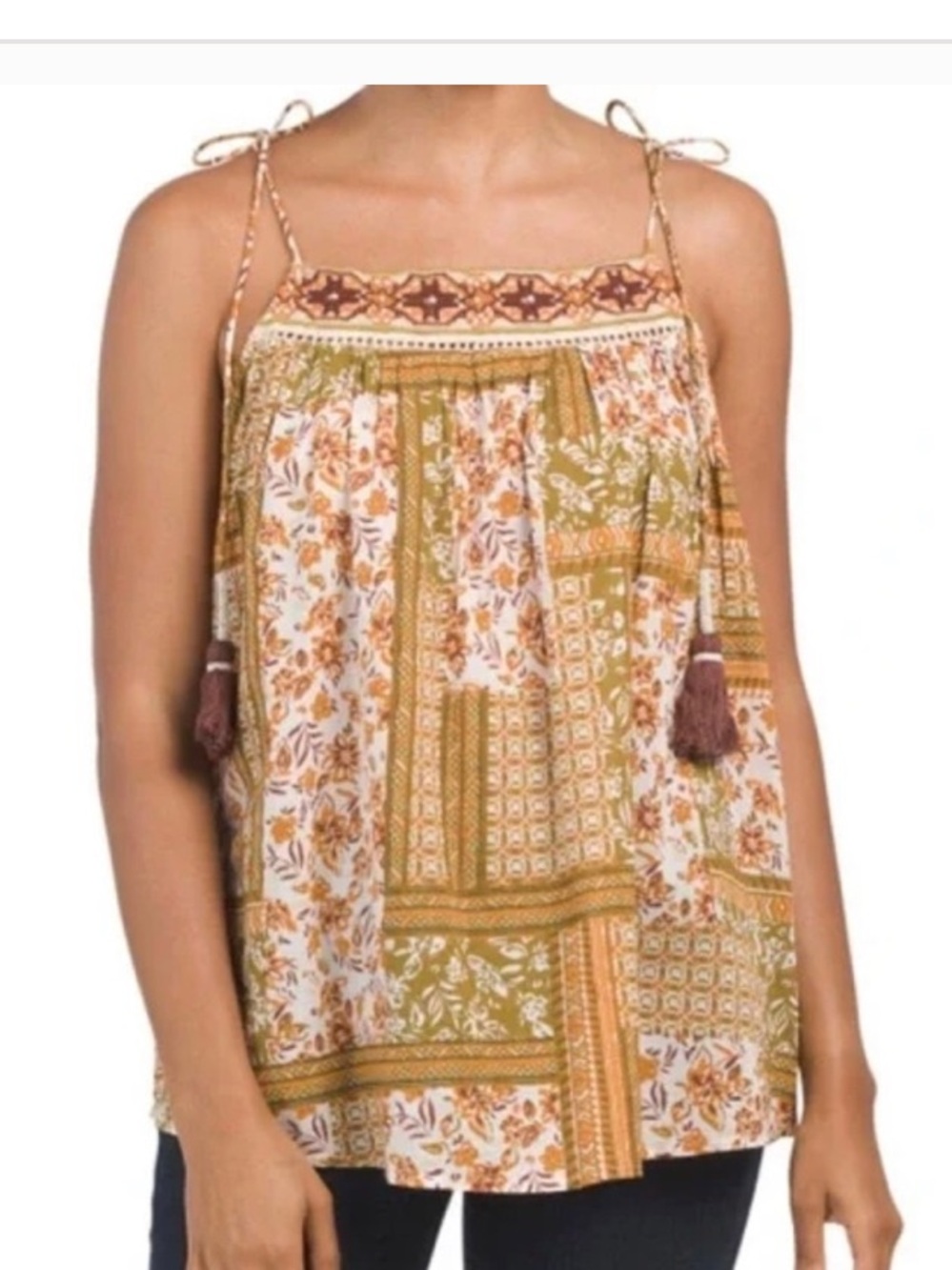 Nicole Miller Mustard Brown Floral Patchwork Tank with Tassel Ties new with tags